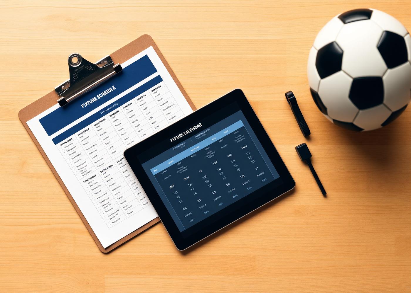Overhead view of a fixture clipboard and tablet on a wooden desk