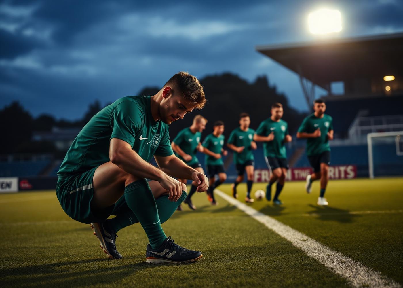 Player lacing up boots with teammates warming up in the background